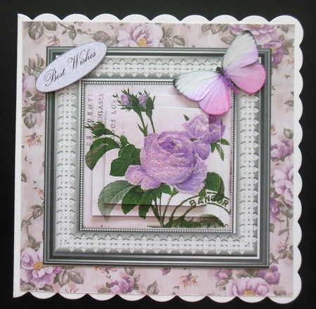 pretty lilac roses in frame with lace and pyramids 7x7 by Hazel Sumner