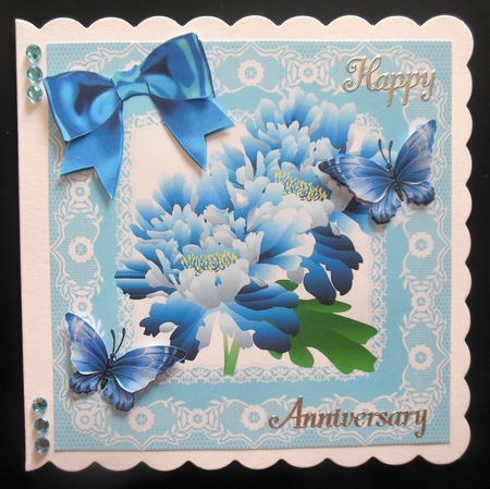 Pretty blue flowers with bow and blue butterflies lace 8x8 frame by Hazel Sumner