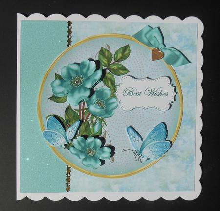 Dteal Wild Rose Best Wishes 7in Circle Decoupage Topper by Hazel Sumner