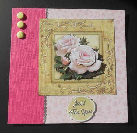 Card Topper with Decoupage Roses in Metallic Frame by Hazel Sumner