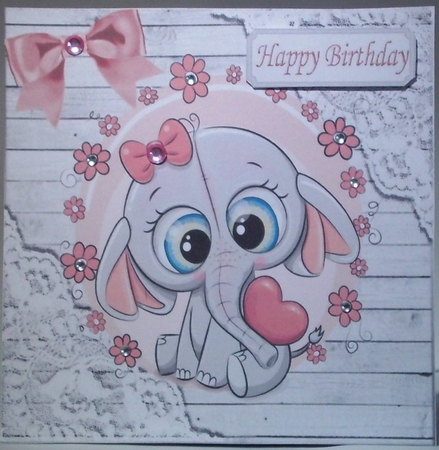 Grey Wood and lace corners 8x8 card front with cute ele by Hazel Underwood