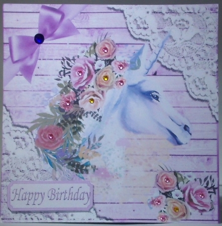 Lilac Wood and lace corners 8x8 card front with water colour unicorn by Hazel Underwood