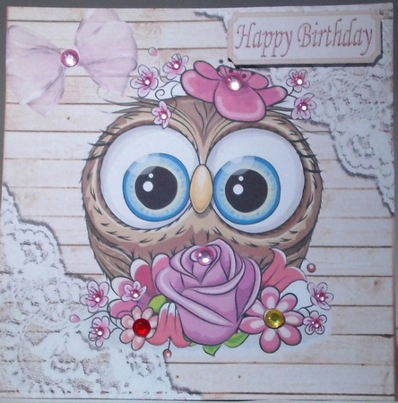Brown Wood and lace corners 8x8 card front with cute owl by Hazel Underwood
