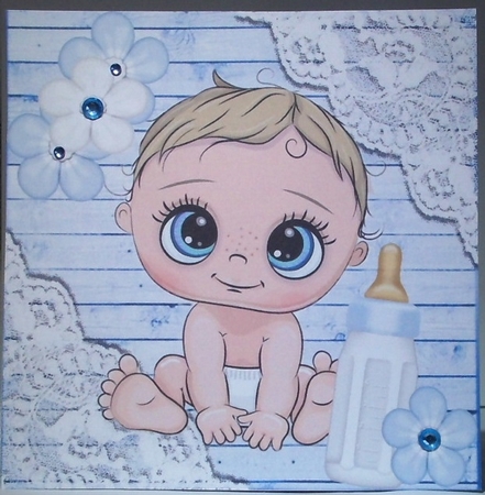 Blue Wood and lace corners 8x8 card front with cute baby boy by Hazel Underwood