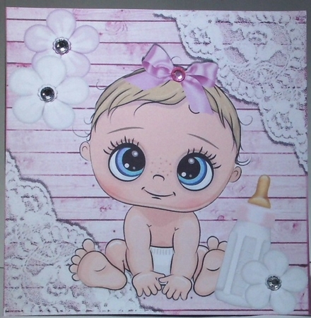 Pink Wood and lace corners 8x8 card front with cute baby girl by Hazel Underwood