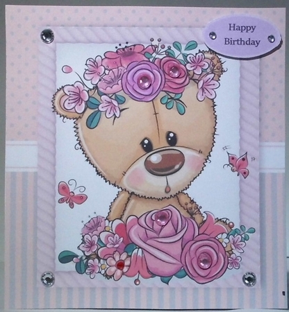 Beautiful Teddy Bear With Pink Flowers 8x8 by Hazel Underwood