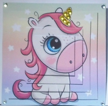 Cute rainbow unicorn with stars and scalloped borders square pyramids by Hazel Underwood