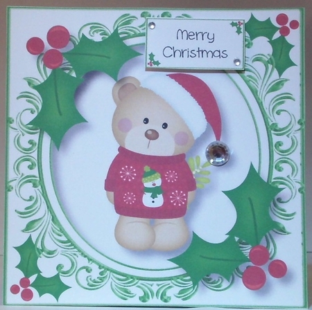 Christmas Teddy Bear & Mistletoe 8x8 by Hazel Underwood