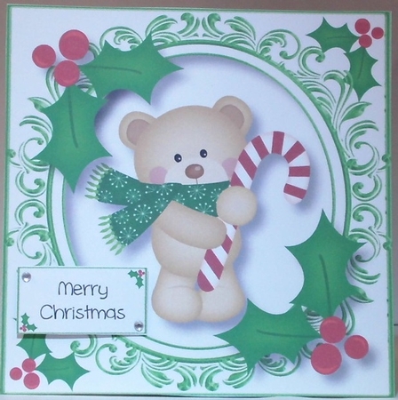 Christmas Teddy Bear & Candy Cane 8x8 by Hazel Underwood