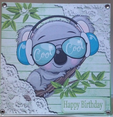 Green Wood and lace corners 8x8 card front with cool koala by Hazel Underwood