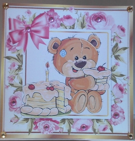Oh Yummy Cake! And its all mine, birthday teddy 8x8 by Hazel Underwood