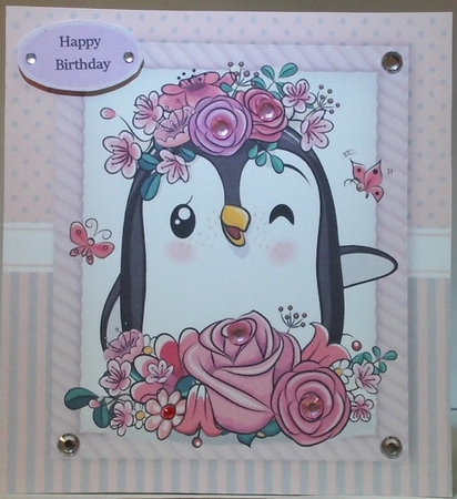 Beautiful Penguin With Pink Flowers 8x8 by Hazel Underwood