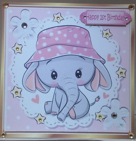 cute ele in pink  dot sun hat with stars 8x8 by Hazel Underwood