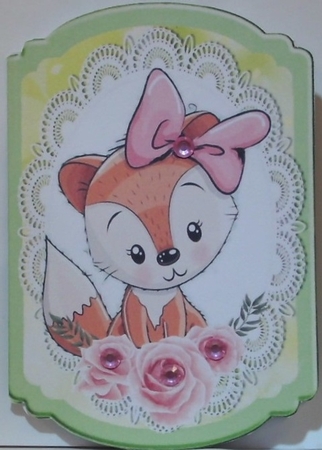 Cute fox with pink bow and roses bracket card by Hazel Underwood