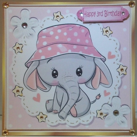 4 Cute eles in pink dot sun hats with pyramids & 8x8 card front mini kit by Hazel Underwood