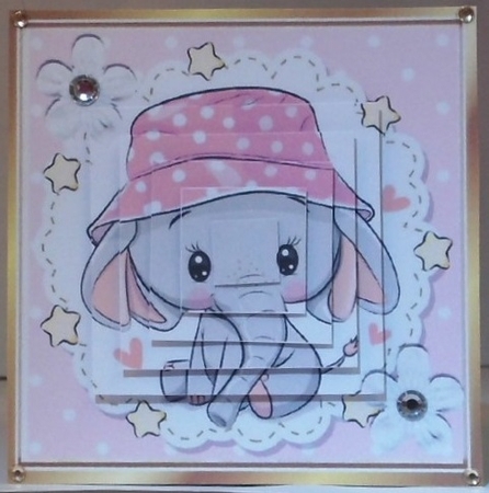 4 Cute eles in pink dot sun hats with pyramids & 8x8 card front mini kit by Hazel Underwood