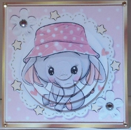 4 Cute eles in pink dot sun hats with pyramids & 8x8 card front mini kit by Hazel Underwood