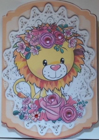 Cute Lion with roses on lace bracket card by Hazel Underwood