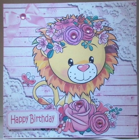 pink Wood and lace corners with cute lion & roses 8x8 card front by Hazel Underwood