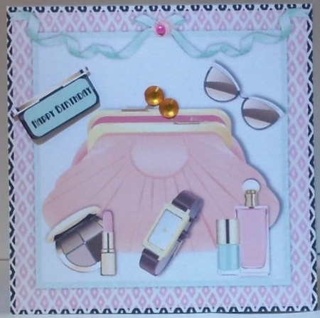 Female birthday card handbag & make up topper for 6x6 card by Hazel Underwood