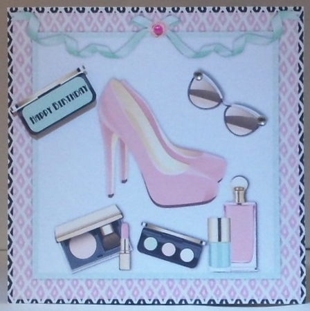 Female birthday card shoes & make up topper for 6x6 card by Hazel Underwood