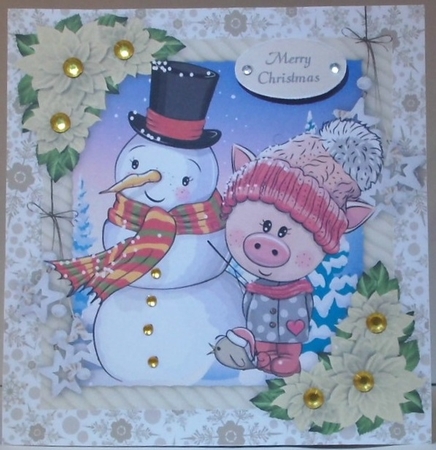 Adorable Pig With Snowman 8x8 by Hazel Underwood