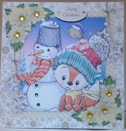 Adorable Fox With Snowman 8x8 by Hazel Underwood