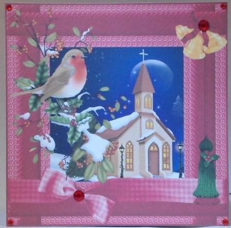 3 Red Christmas robin and Church card fronts/toppers by Hazel Underwood