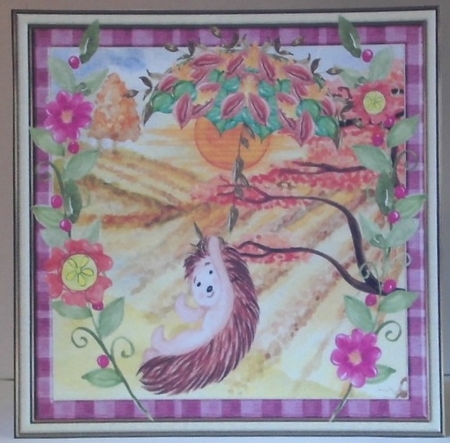 3 Cute hedgehog with leaf umbrella card fronts/toppers by Hazel Underwood