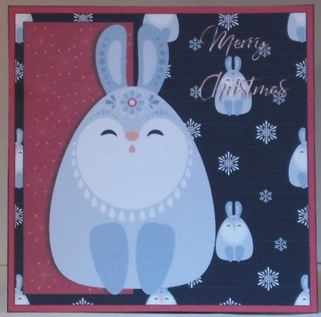 Christmas Hare, 7x7 quick card, 3d decoupage by Hazel Underwood