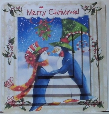 Whimsical kissing penguins in holly/berry square pyramids by Hazel Underwood