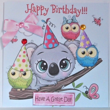 Cute koala bear on a branch with party owls 7x7 by Hazel Underwood