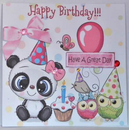 Cute panda with birthday cake and friends 7x7 by Hazel Underwood