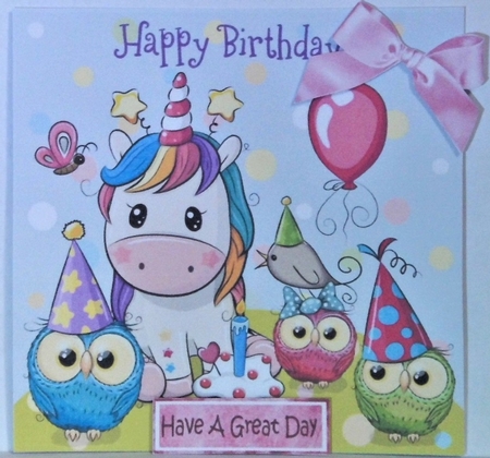 Cute unicorn celebrating birthday with owls 7x7 by Hazel Underwood