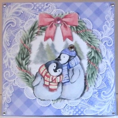 Cosy Christmas penguins in hats and scarves topper for 6x6 card by Hazel Underwood