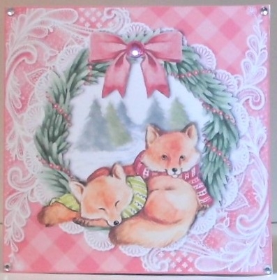 Cosy Christmas foxes in scarves topper for 6x6 card by Hazel Underwood