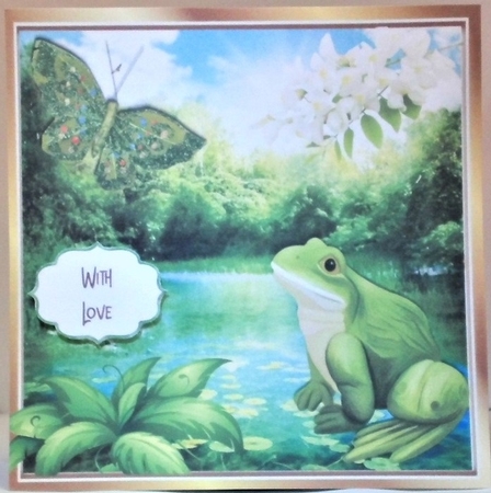 A lovely frog with lily pond and butterfly 8x8 by Hazel Underwood