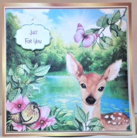 Cute deer with little bird by water lily pond/pink flowers  8x8 by Hazel Underwood