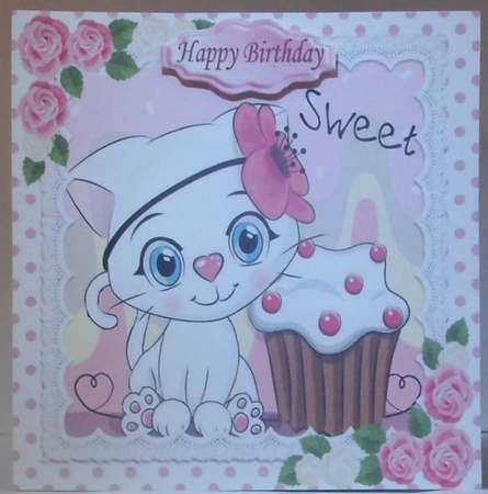 Cute white kitty in lace,  polkadot  8x8  with pink roses by Hazel Underwood