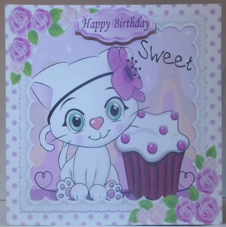 Cute white kitty in lace,  polkadot  8x8  with lilac roses by Hazel Underwood