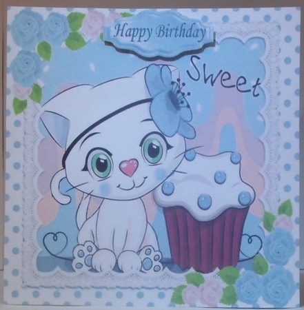 Cute white kitty in lace,  polkadot  8x8  with blue roses by Hazel Underwood