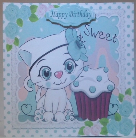 Cute white kitty in lace,  polkadot  8x8  with turq roses by Hazel Underwood