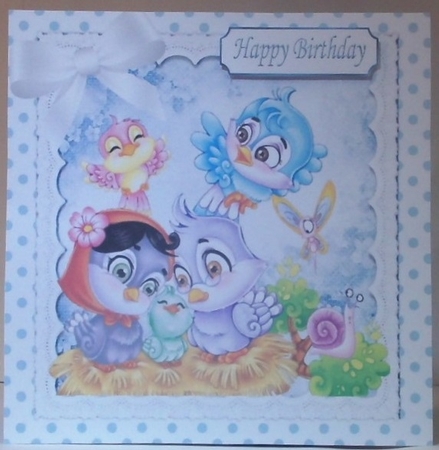 Cute family of little birds in polka dot 8x8 frame with white bow by Hazel Underwood