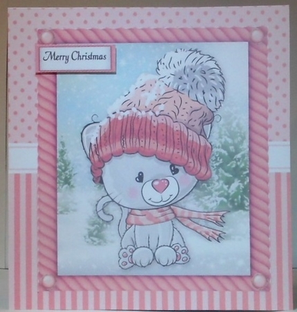 Festive grey kitten in pink bobble hat 8x8 by Hazel Underwood