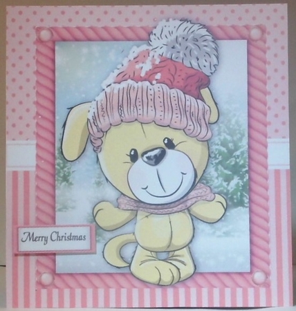 Festive grey puppy in pink bobble hat 8x8 by Hazel Underwood