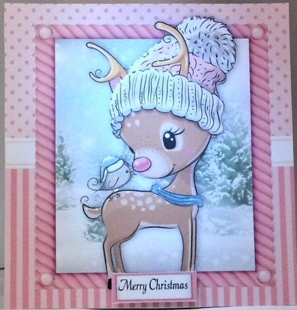 Festive reindeer in pink bobble hat 8x8 by Hazel Underwood