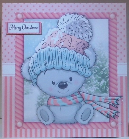 Festive grey bear in pink bobble hat 8x8 by Hazel Underwood