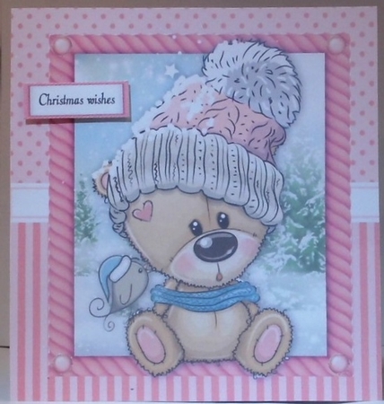 Festive brown bear in pink bobble hat 8x8 by Hazel Underwood