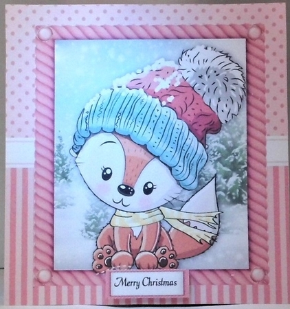 Festive fox  in pink bobble hat 8x8 by Hazel Underwood