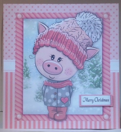 Festive Pig in pink bobble hat 8x8 by Hazel Underwood